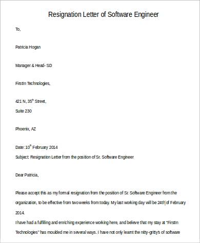 resignation letter software developer